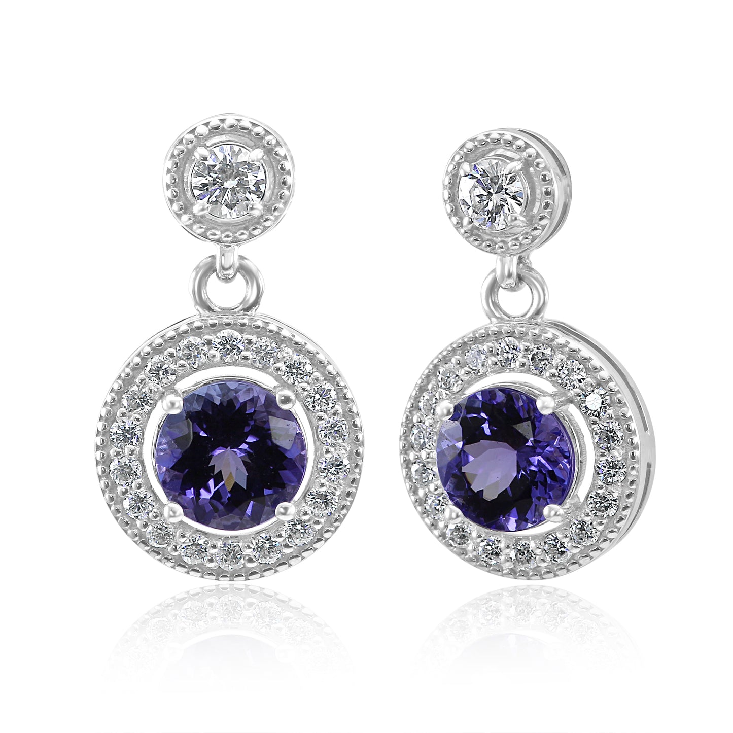 Tanzanite and Diamond 14K White Gold Filigree Designed Earrings