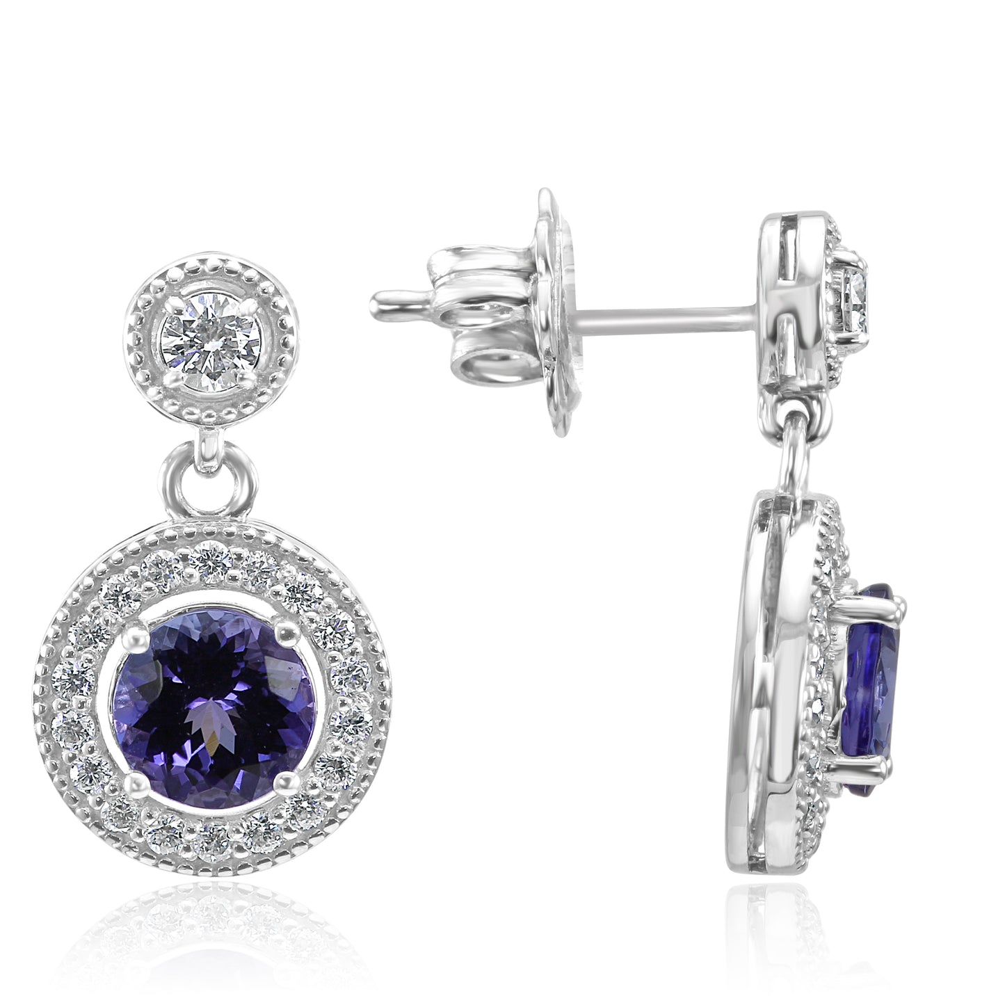 Tanzanite and Diamond 14K White Gold Filigree Designed Earrings