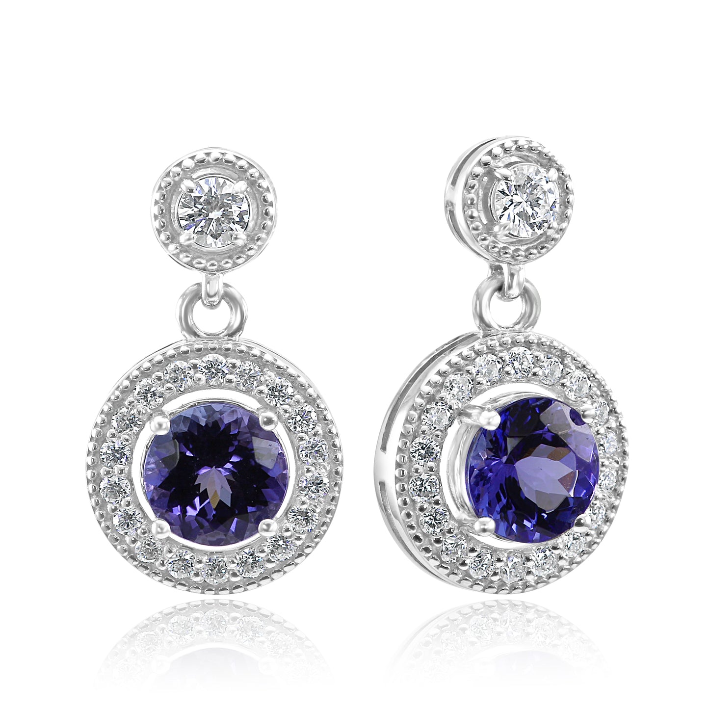 Tanzanite and Diamond 14K White Gold Filigree Designed Earrings