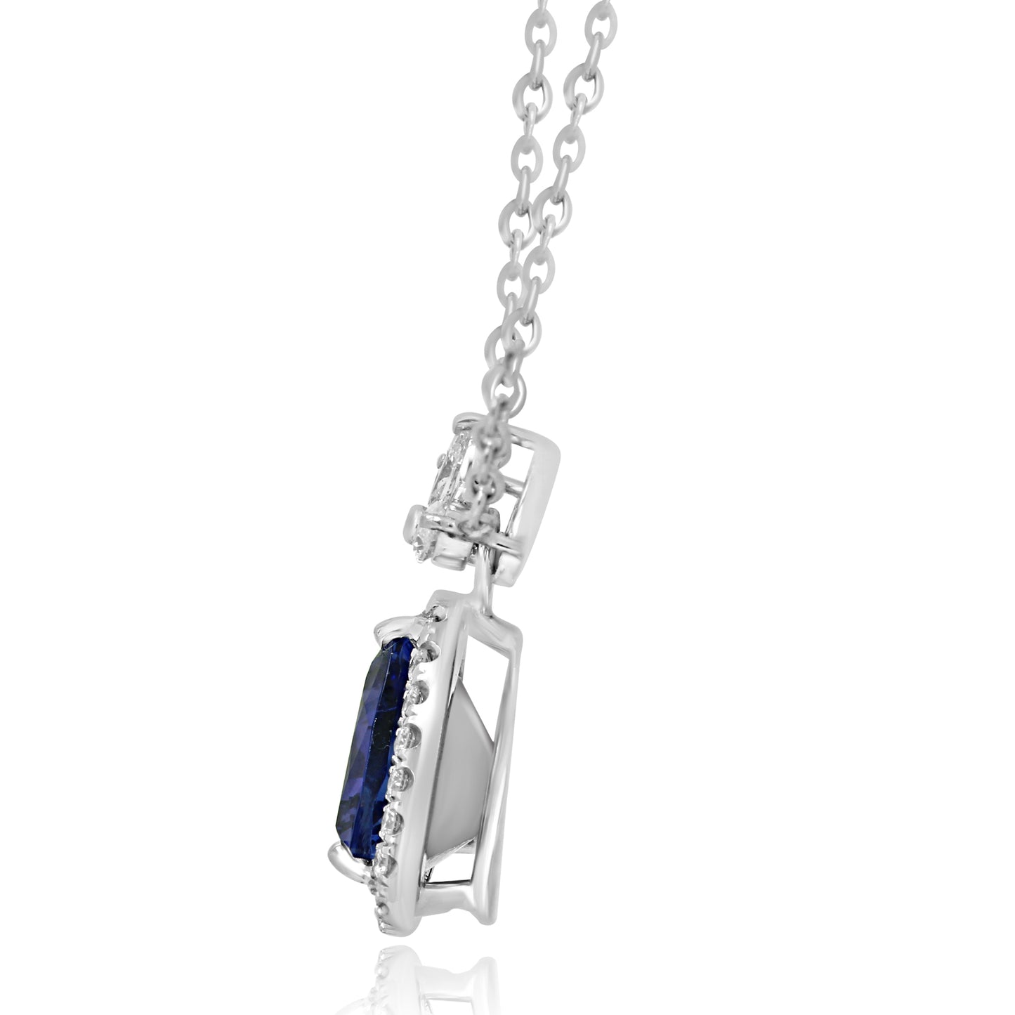 2.41 Carat Tanzanite Trillian Cut & Diamond Halo Necklace 14K White Gold