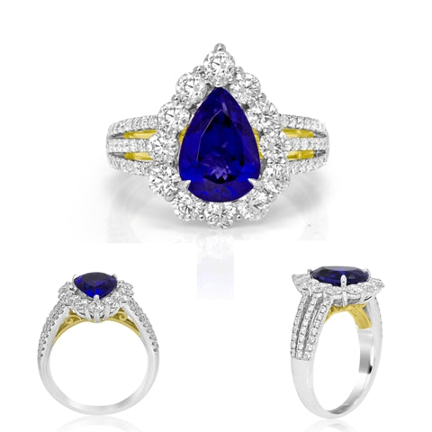 Pear Tanzanite Ring with Diamond Halo 18K White Gold