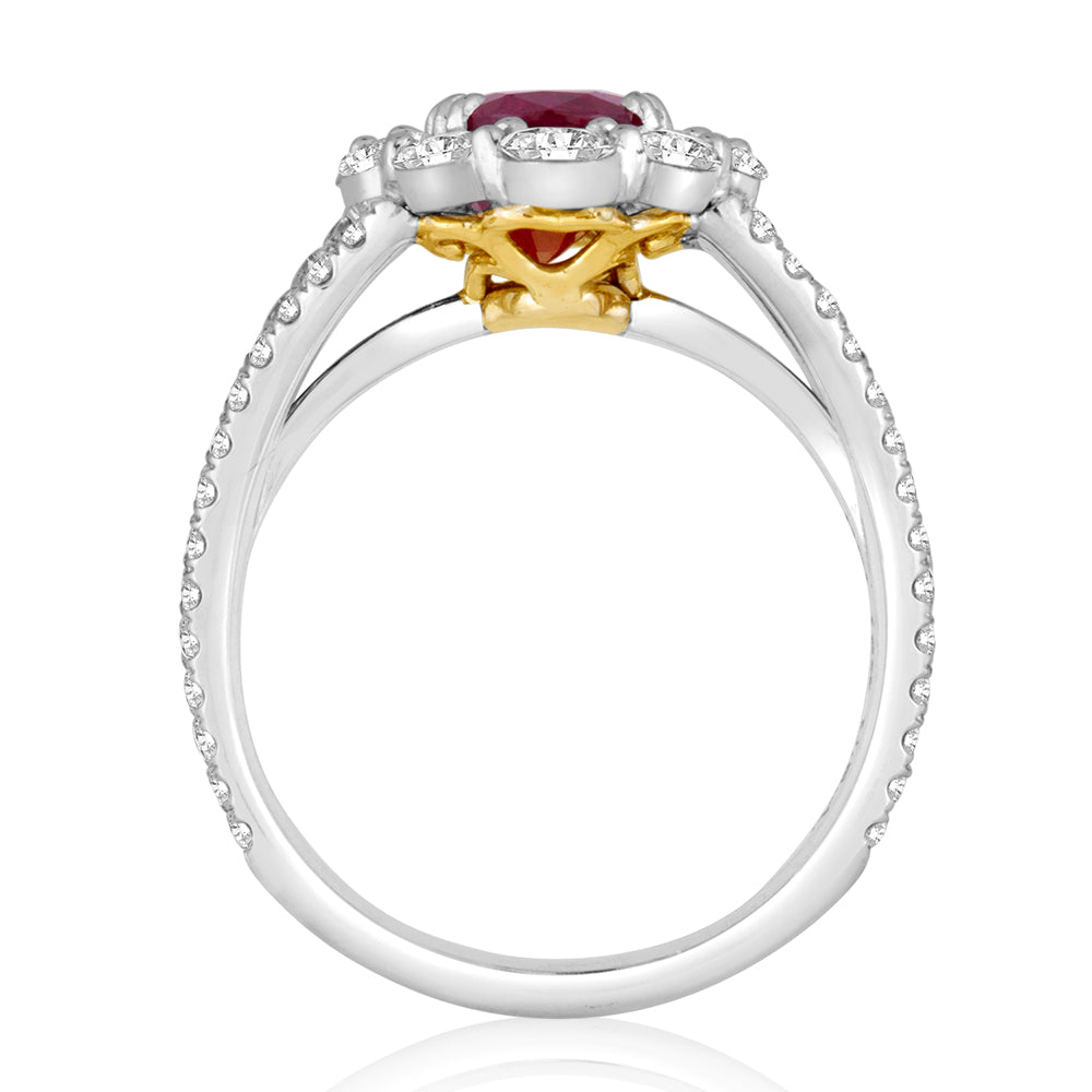 Gorgeous Gia Burma Ruby No Heat, Natural Diamond 18K White & Yellow Gold Ring