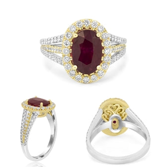 2.33 CT GIA Certified Burma Ruby Heated Oval, Natural Diamond 18K White & Yellow Gold Ring