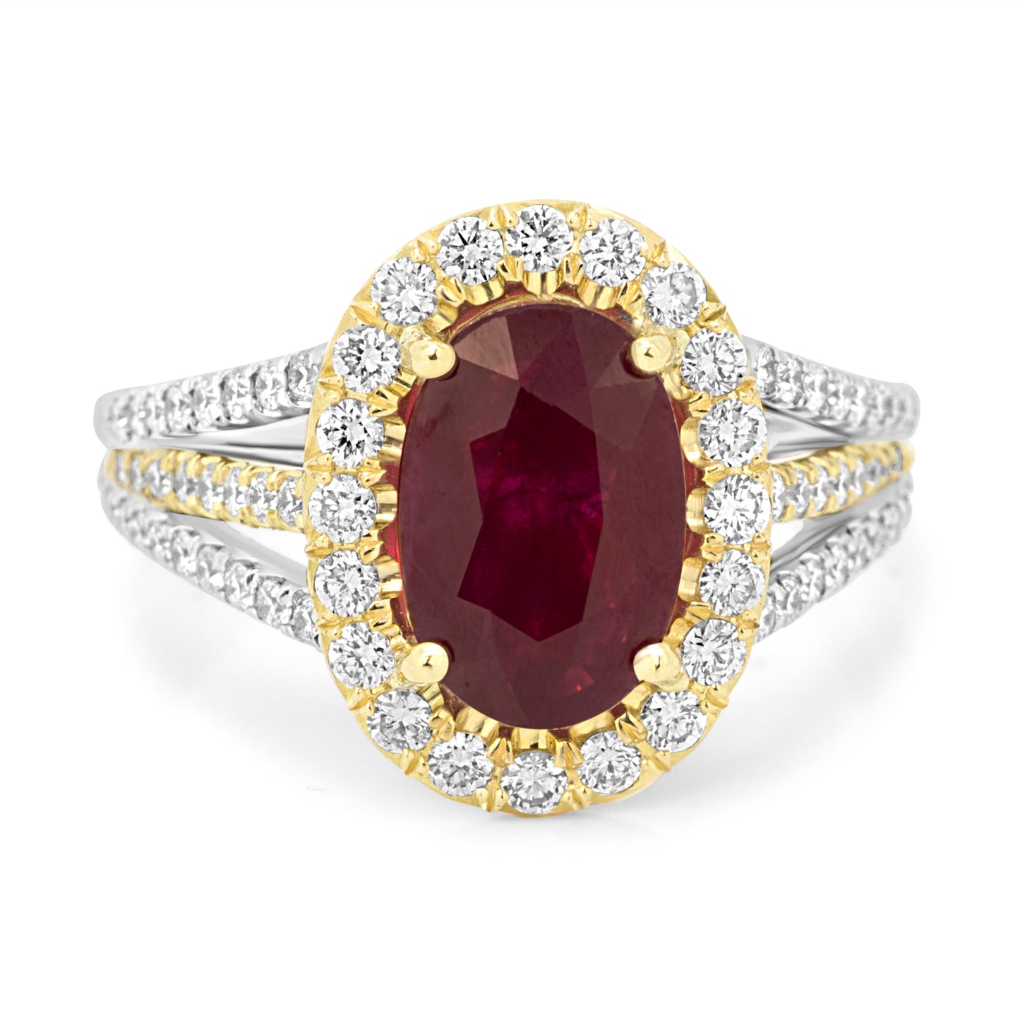 2.33 CT GIA Certified Burma Ruby Heated Oval, Natural Diamond 18K White & Yellow Gold Ring