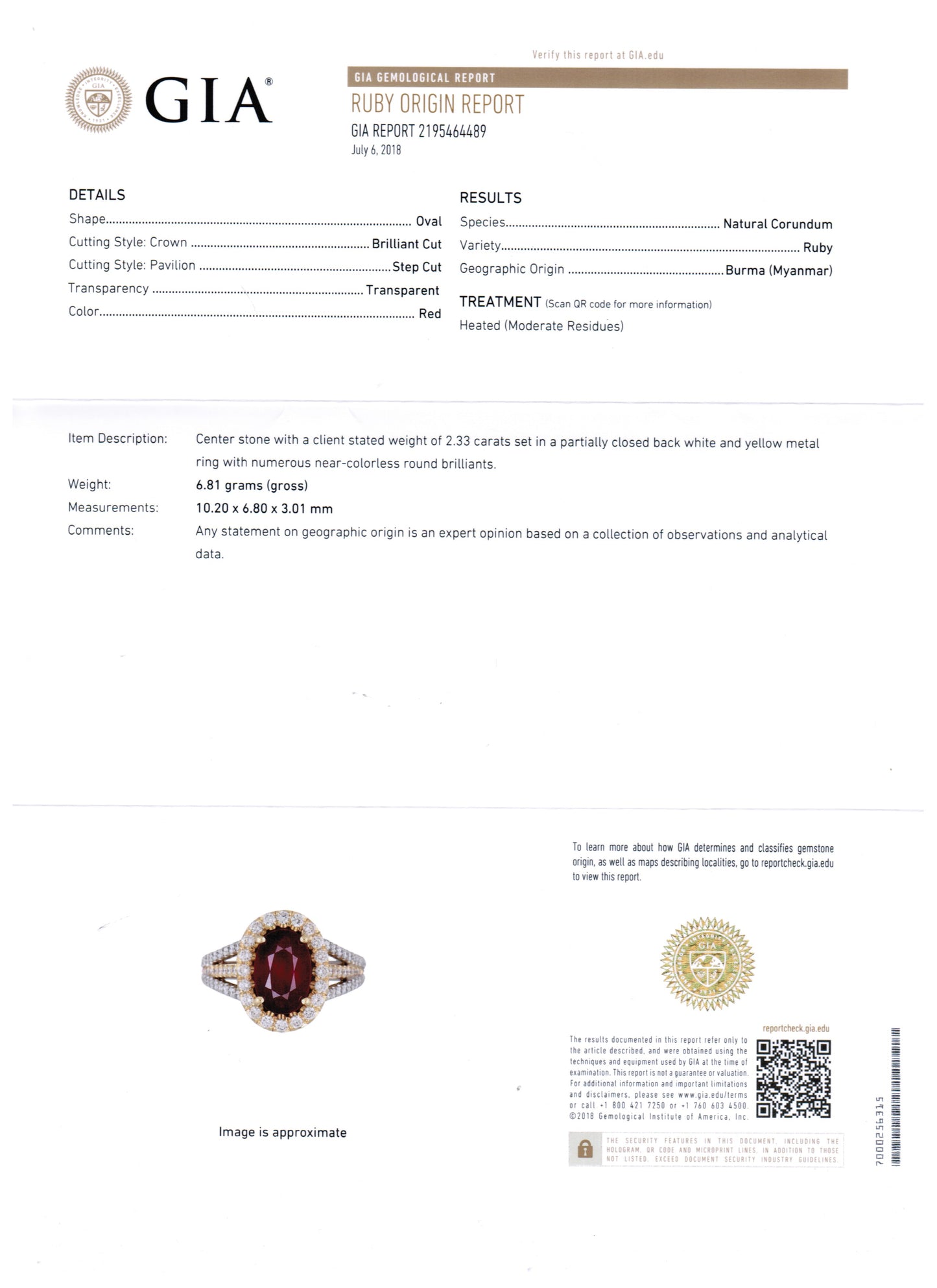 2.33 CT GIA Certified Burma Ruby Heated Oval, Natural Diamond 18K White & Yellow Gold Ring