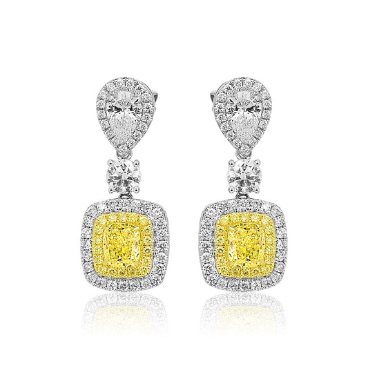 4.36 Carat GIA Certified Natural, Fancy Yellow Diamond and White Diamond Drop Dangle Earring 18K White & Yellow Gold