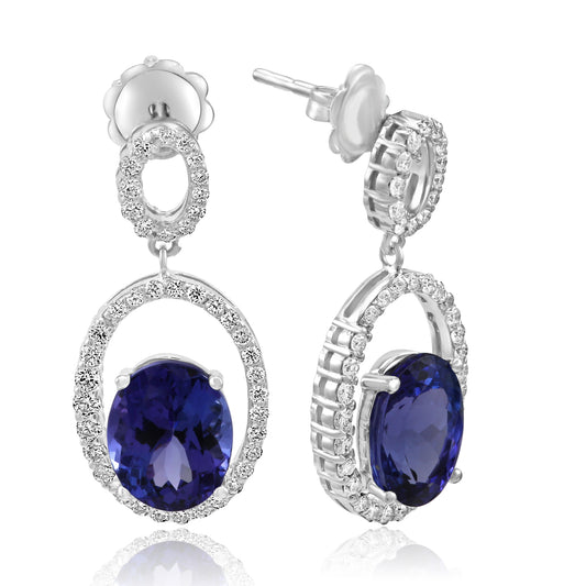 Dangling Natural Tanzanite and Diamond Earrings 14K White Gold