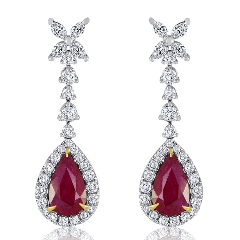 Natural Ruby and Diamond Dangling Earring 18K White Gold