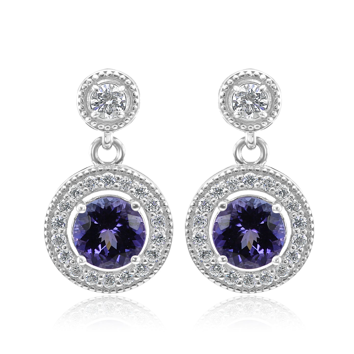 Tanzanite and Diamond 14K White Gold Filigree Designed Earrings