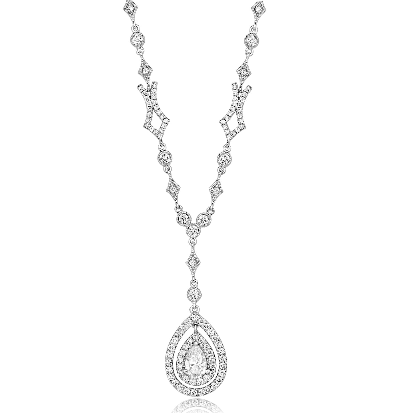 Diamond Double Halo Tear Drop Necklace 14K White Gold