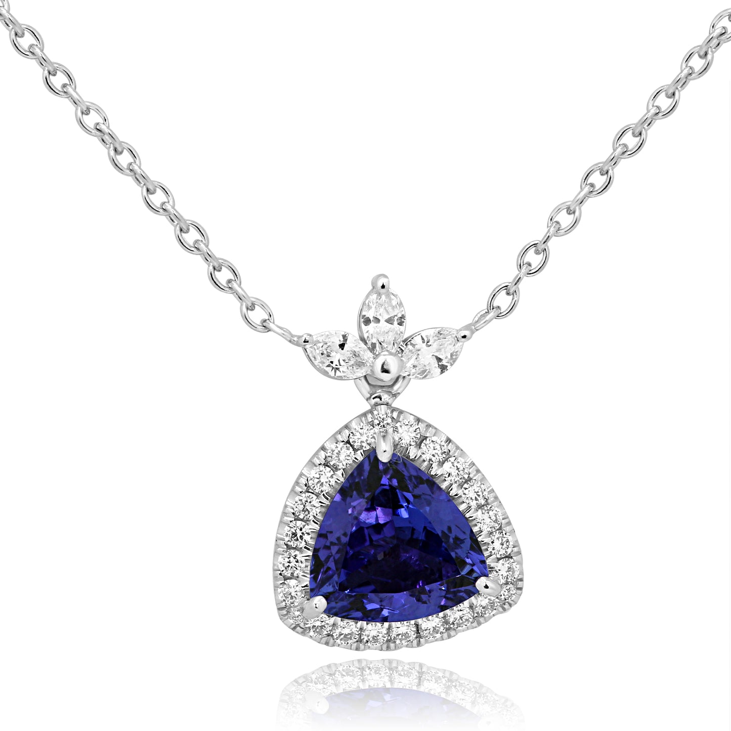 2.41 Carat Tanzanite Trillian Cut & Diamond Halo Necklace 14K White Gold