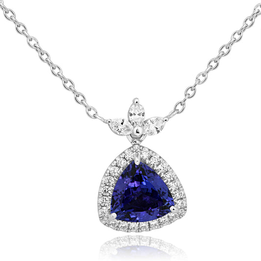 2.41 Carat Tanzanite Trillian Cut & Diamond Halo Necklace 14K White Gold