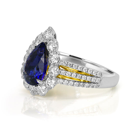 Pear Tanzanite Ring with Diamond Halo 18K White Gold