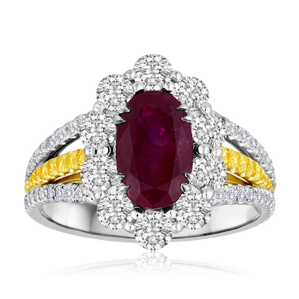 Gorgeous Gia Burma Ruby No Heat, Natural Diamond 18K White & Yellow Gold Ring