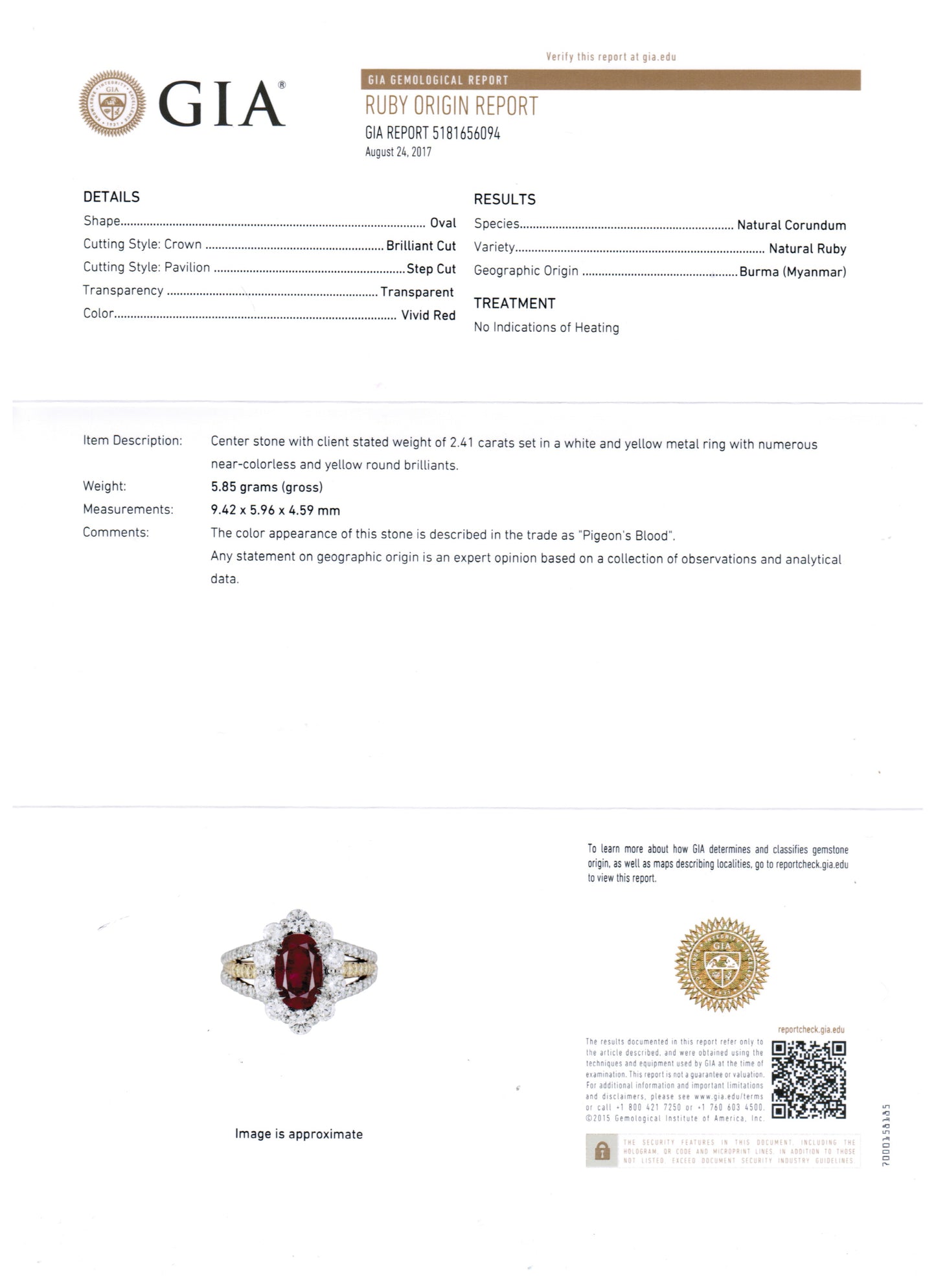 Gorgeous Gia Burma Ruby No Heat, Natural Diamond 18K White & Yellow Gold Ring