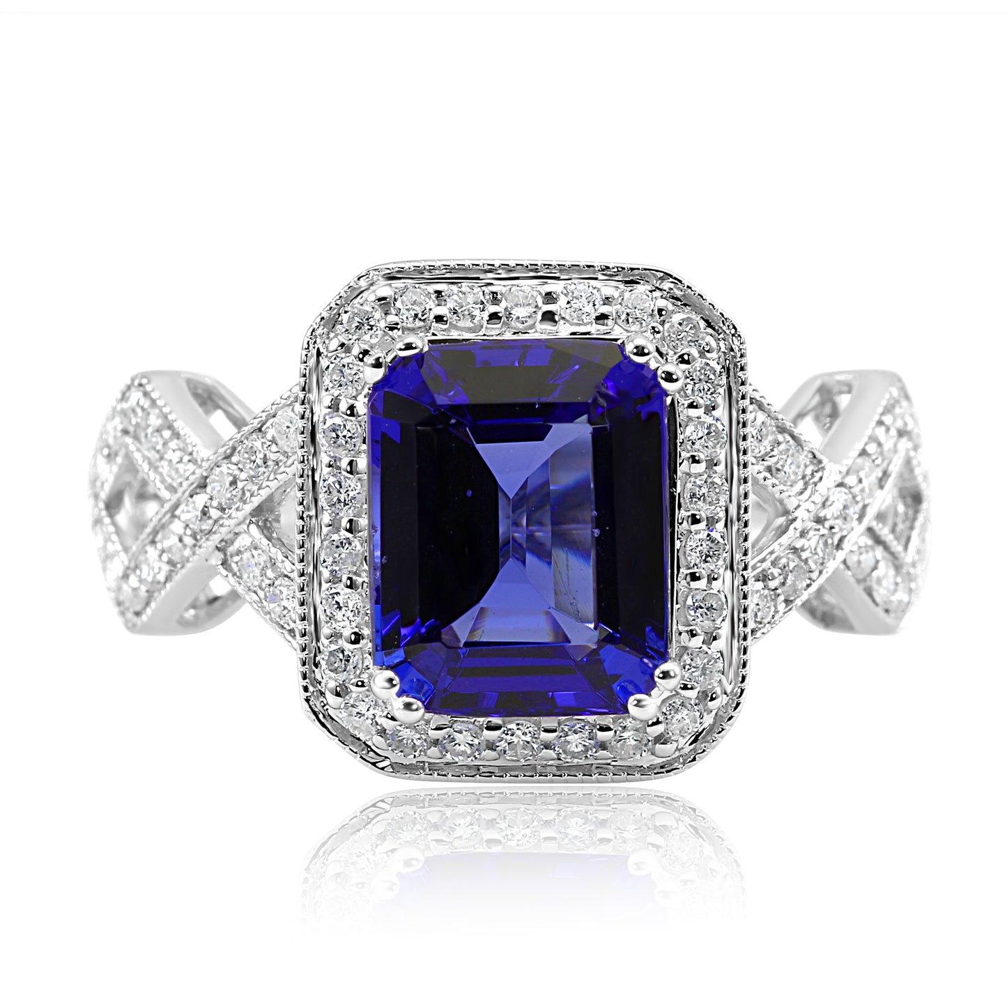 Tanzanite and Diamond Crossover Shank 18K White Gold Ring