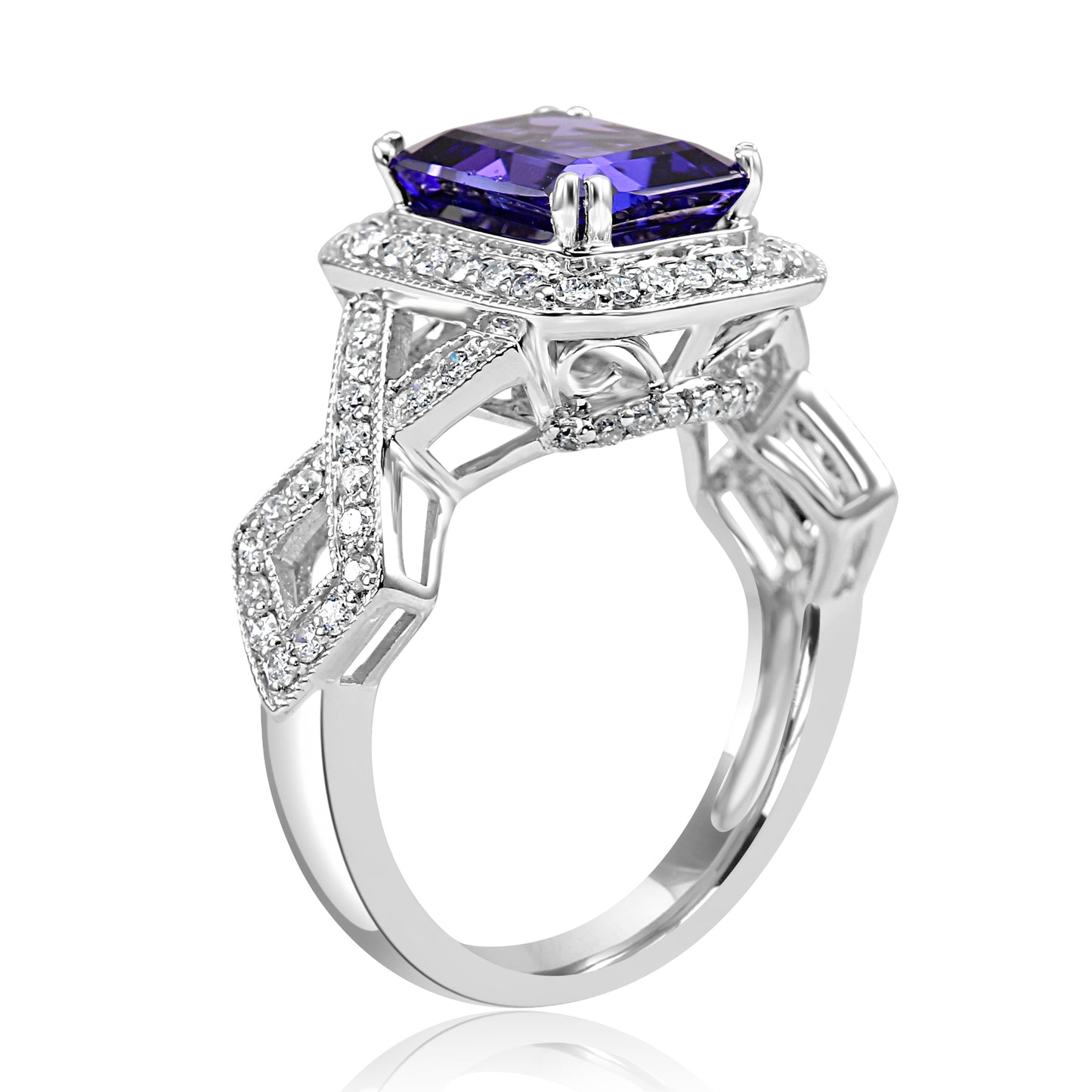 Tanzanite and Diamond Crossover Shank 18K White Gold Ring