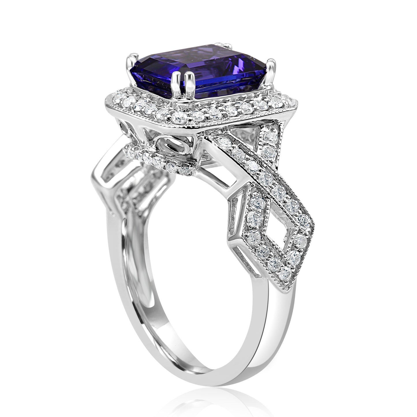 Tanzanite and Diamond Crossover Shank 18K White Gold Ring