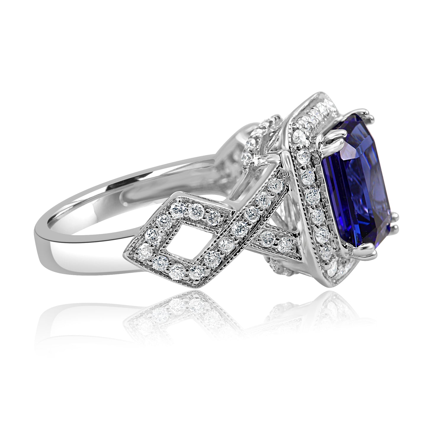 Tanzanite and Diamond Crossover Shank 18K White Gold Ring