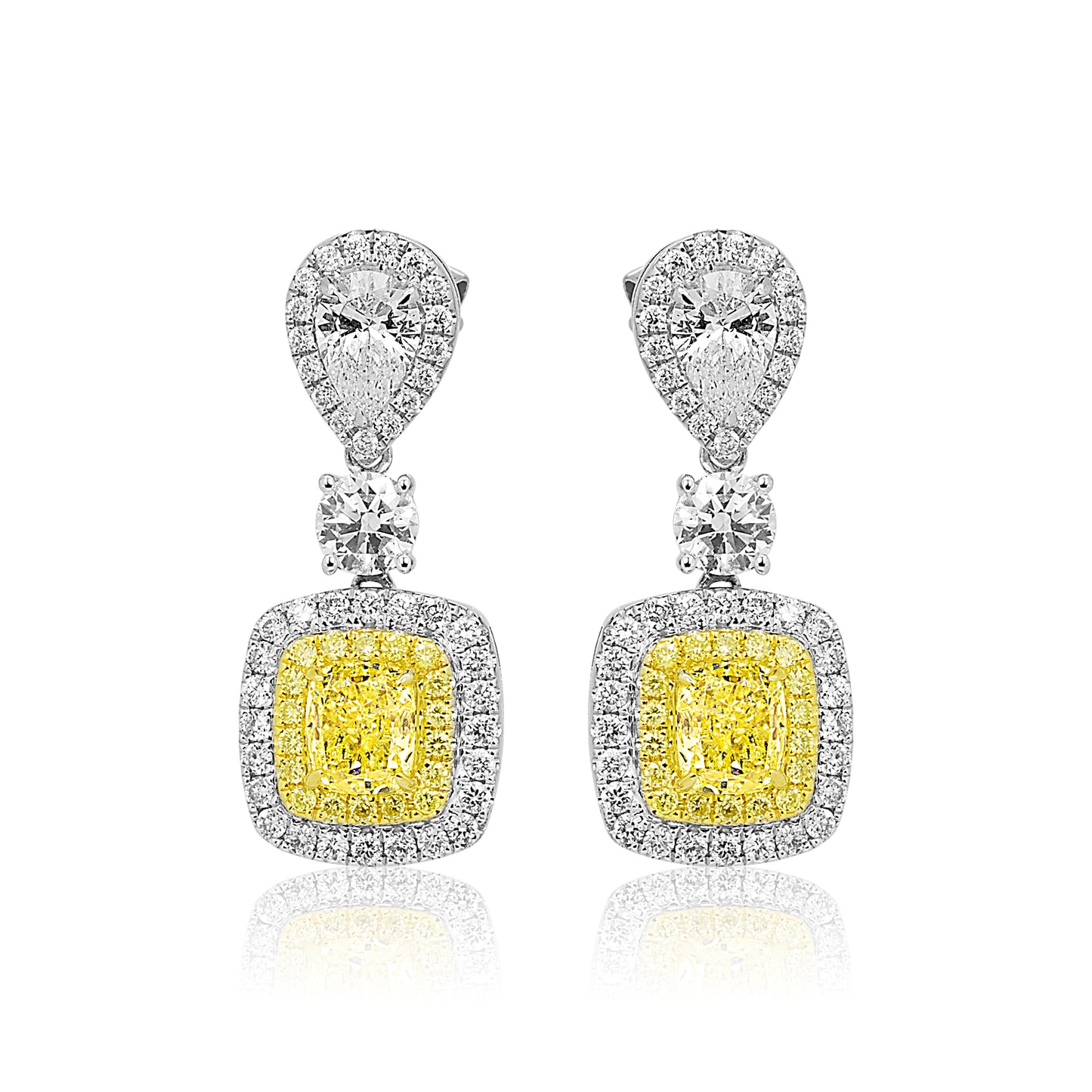 4.36 Carat GIA Certified Natural, Fancy Yellow Diamond and White Diamond Drop Dangle Earring 18K White & Yellow Gold