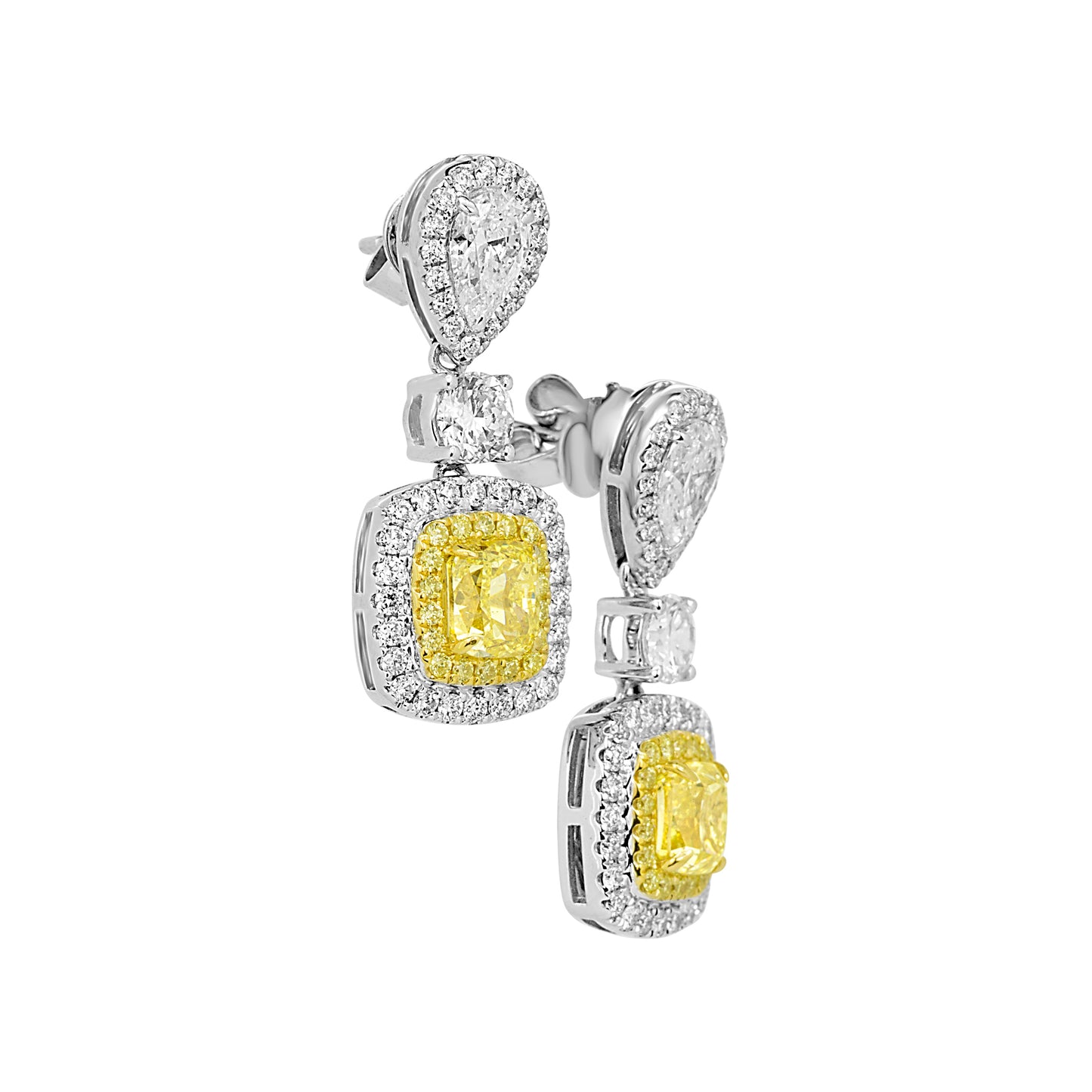 4.36 Carat GIA Certified Natural, Fancy Yellow Diamond and White Diamond Drop Dangle Earring 18K White & Yellow Gold