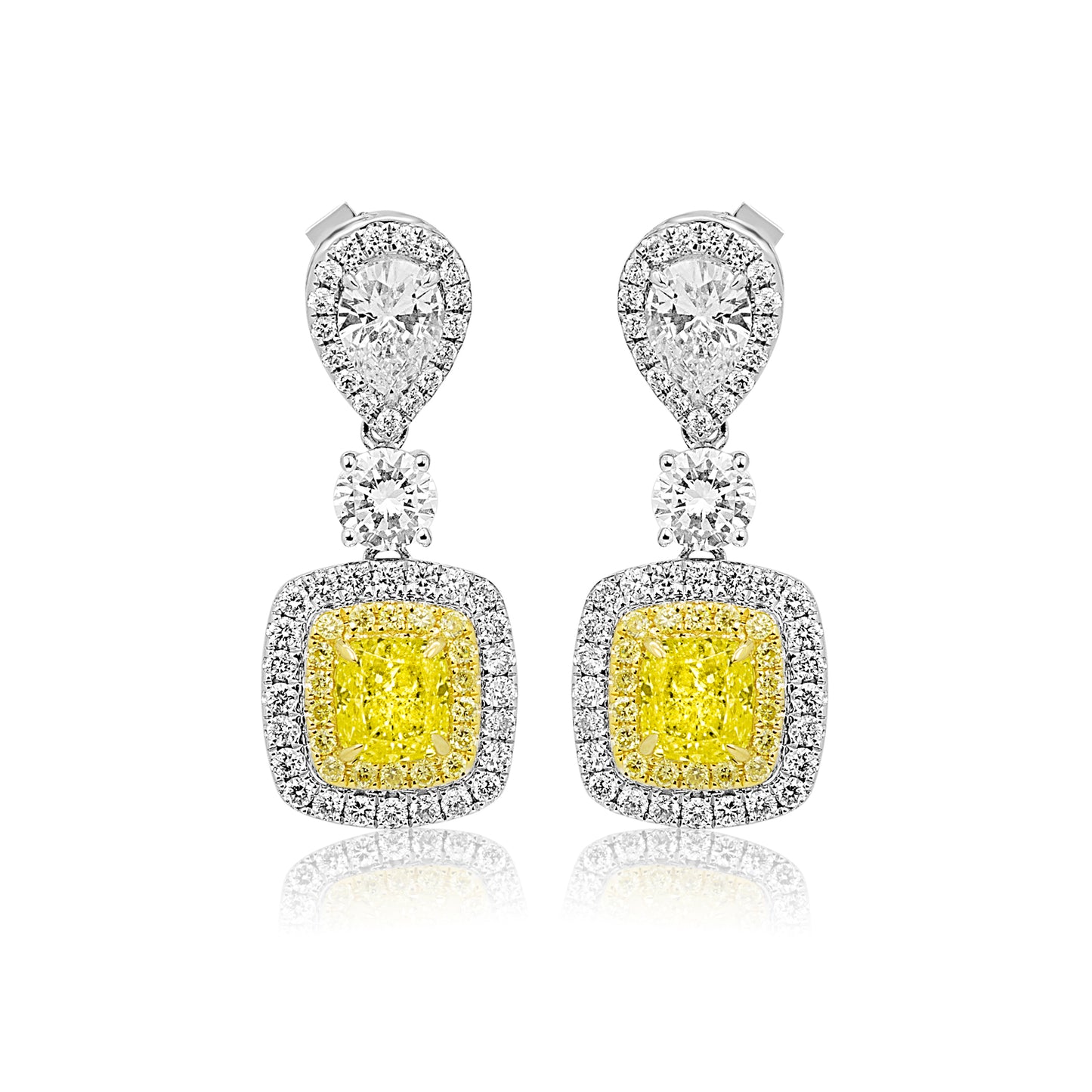 4.36 Carat GIA Certified Natural, Fancy Yellow Diamond and White Diamond Drop Dangle Earring 18K White & Yellow Gold