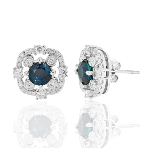 Stunning Blue Sapphire Earrings 18K White Gold & Natural White Diamond