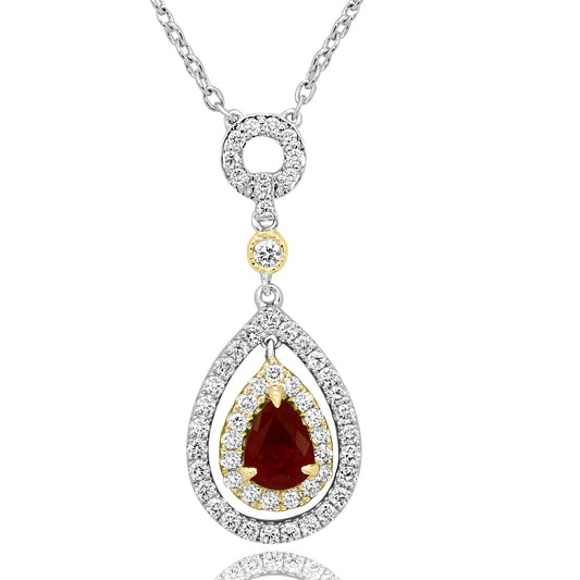 Pear Shaped Ruby Necklace 14K White Gold & Natural White Diamond