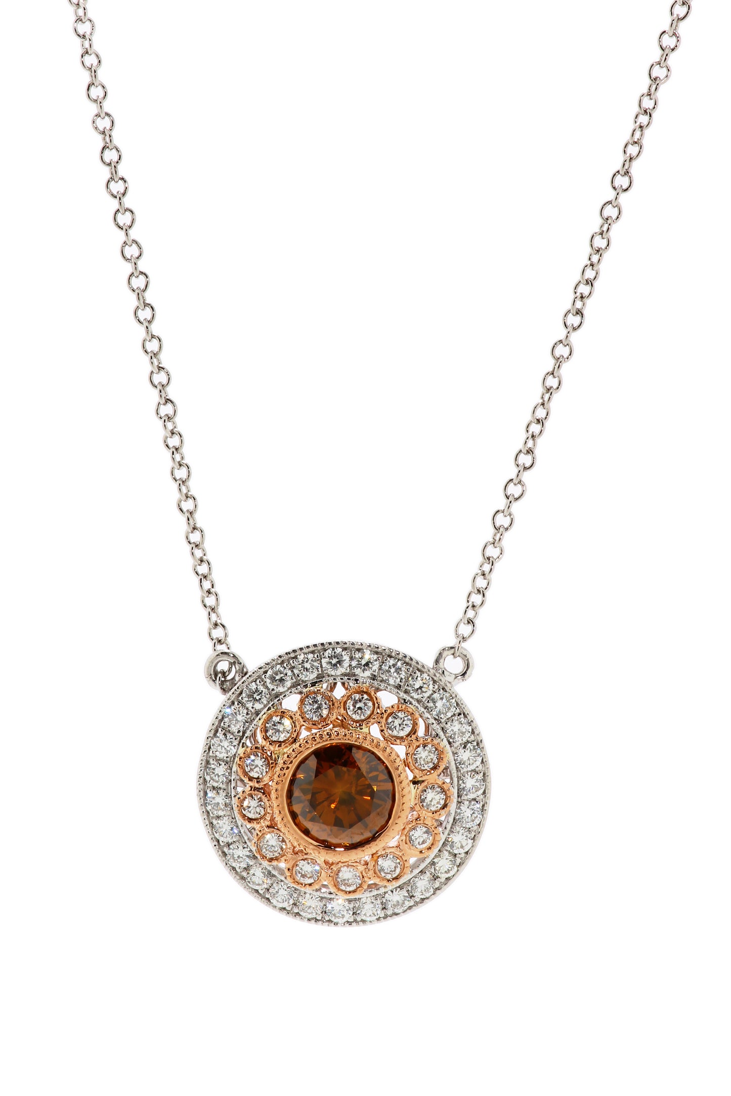 Center Brown Round Diamond Necklace 1.36 CT 14K White and Rose Gold