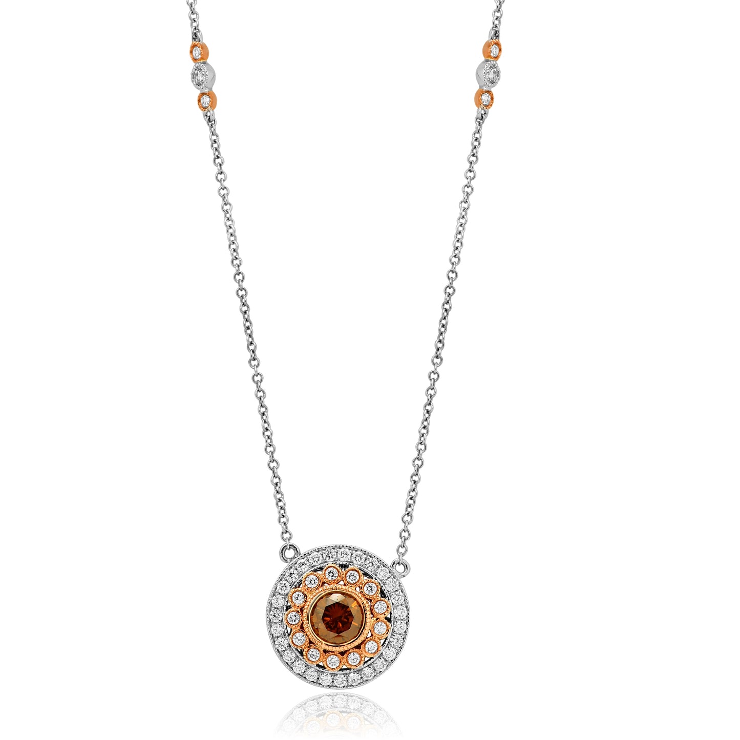 Center Brown Round Diamond Necklace 1.36 CT 14K White and Rose Gold