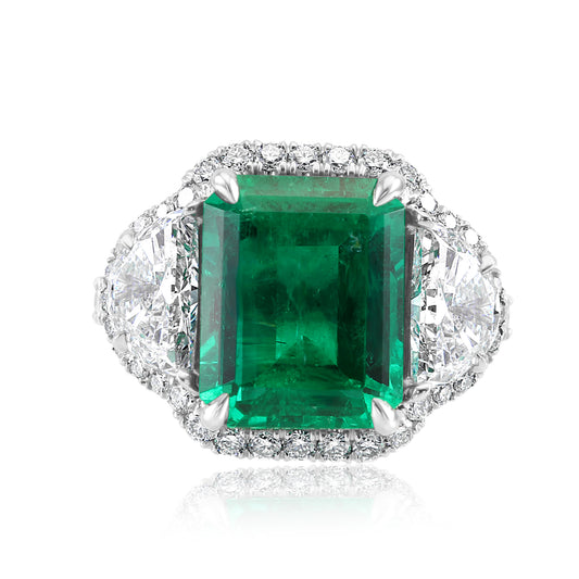 5.13 Carat GIA Certified No Oil Untreated Colombian Emerald & Naturel White Diamond Half Moon Round Set in  Platinum