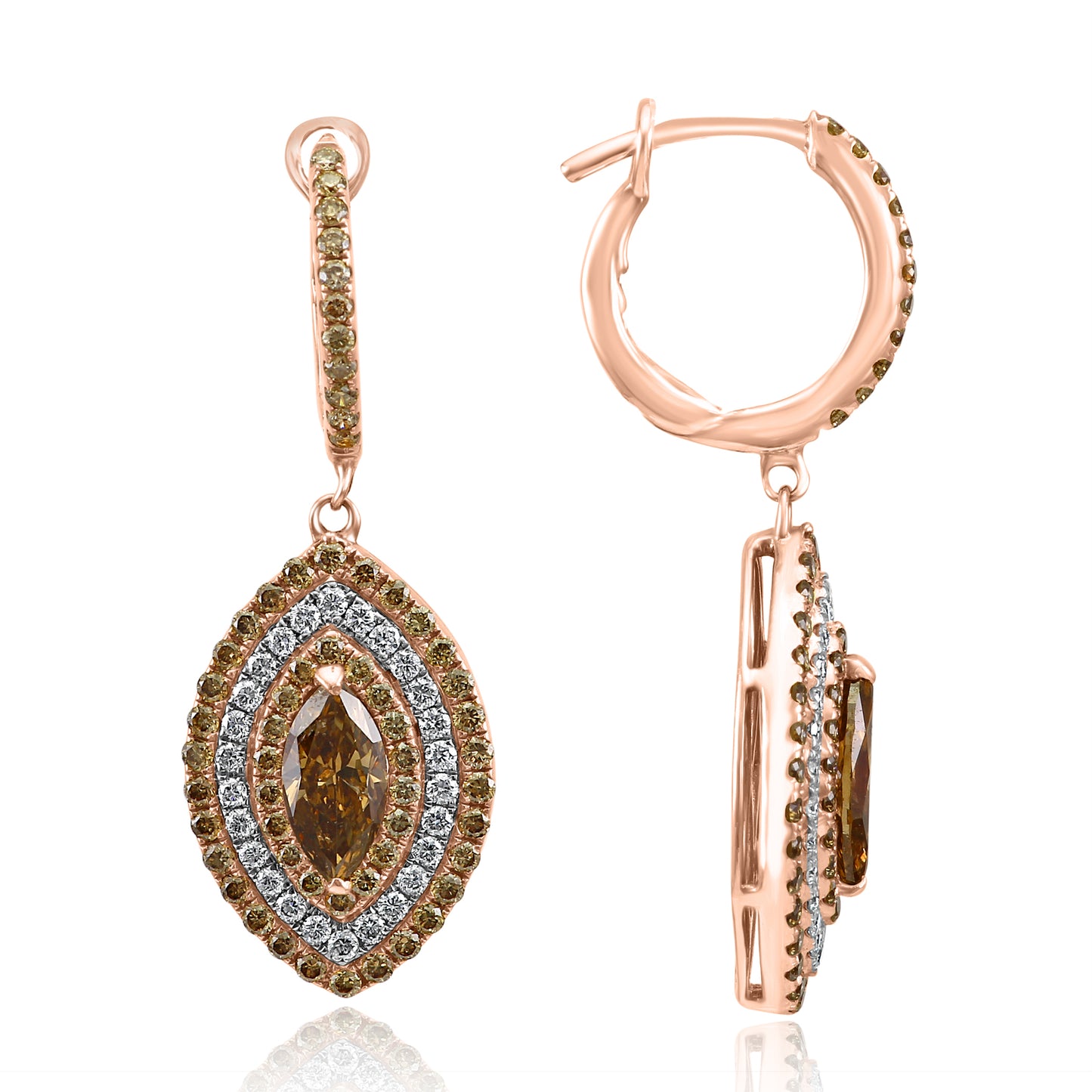 18K Rose Gold Dangling Earring With Champagne & White Natural Diamond 2.69 Carat