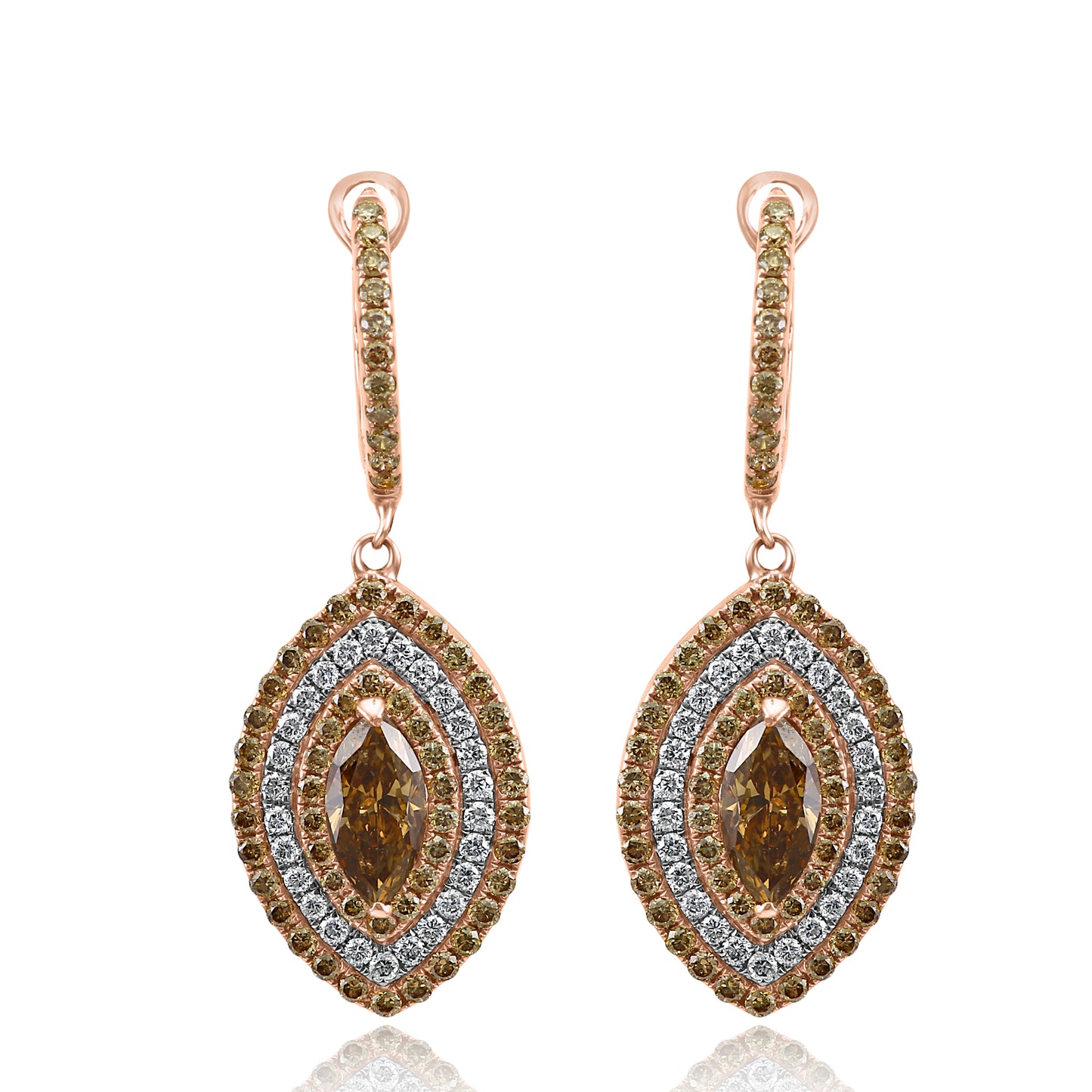 18K Rose Gold Dangling Earring With Champagne & White Natural Diamond 2.69 Carat