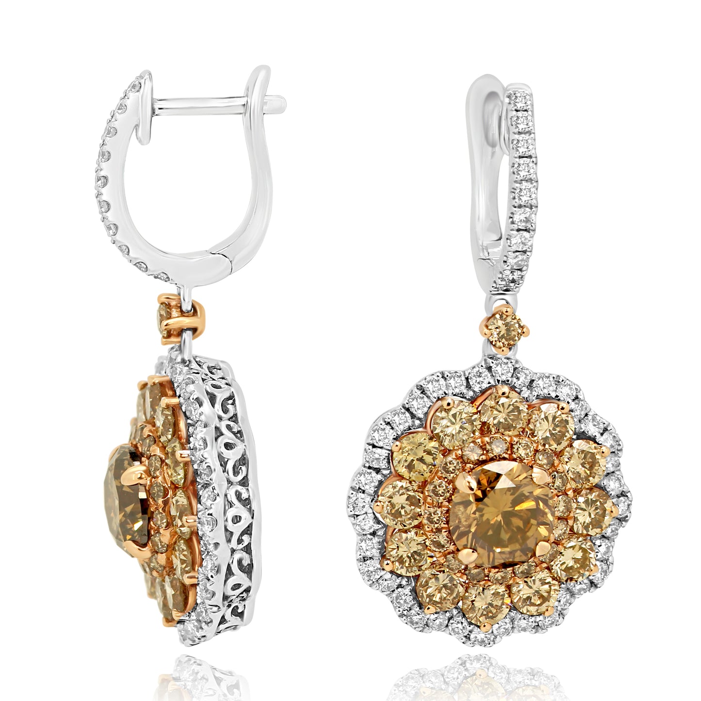 Dangling Earring 18K Rose & White Gold With Champagne & White Diamond 5.33 Carat